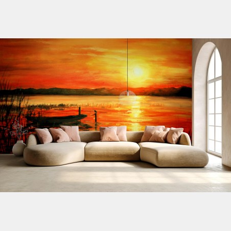 Fotomural atardecer naranja sobre el lago – Pixers®