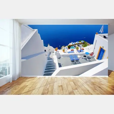 Fotomural vistas mediterráneas de Santorini en azul y blanco – Pixers®