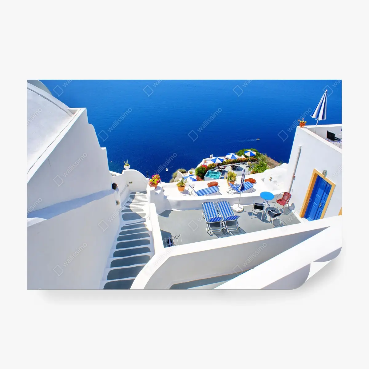 Fotomural vistas mediterráneas de Santorini en azul y blanco – Pixers®