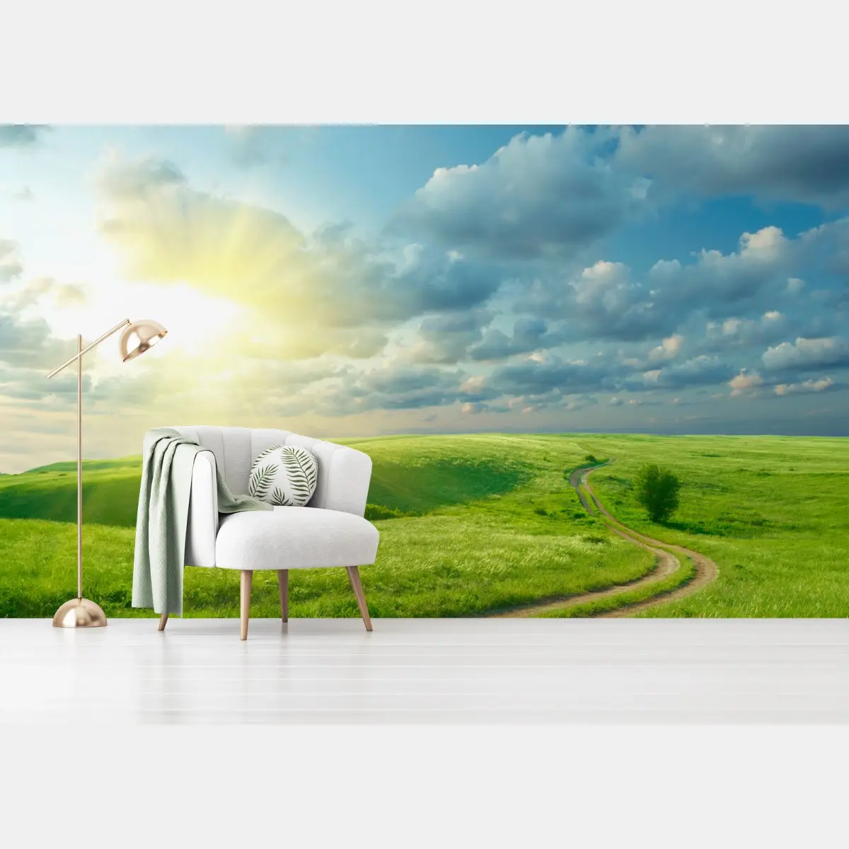 Fotomural camino entre praderas al amanecer – Pixers®