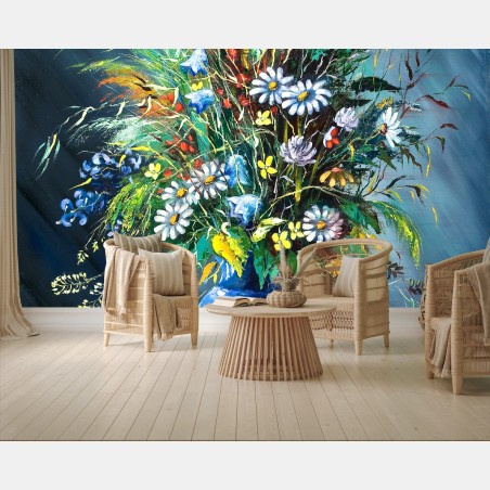 Fotomural ramo de flores silvestres en jarrón azul – Pixers®