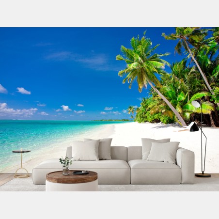 Fotomural escena tropical de playa con palmeras y mar turquesa – Pixers®