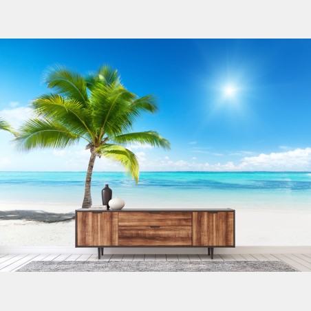Fotomural palmera en playa paradisíaca – Pixers®