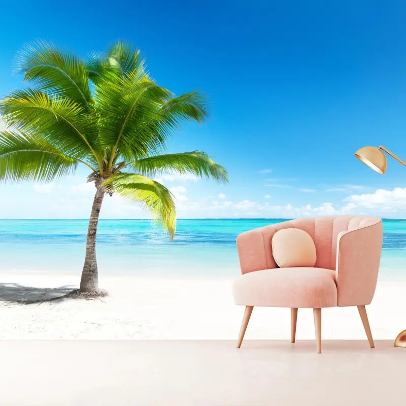 Fotomural paraíso tropical con palmera en la playa