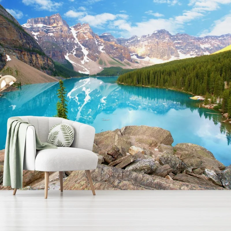 Fotomural paisaje de lago turquesa y montañas nevadas – Pixers®