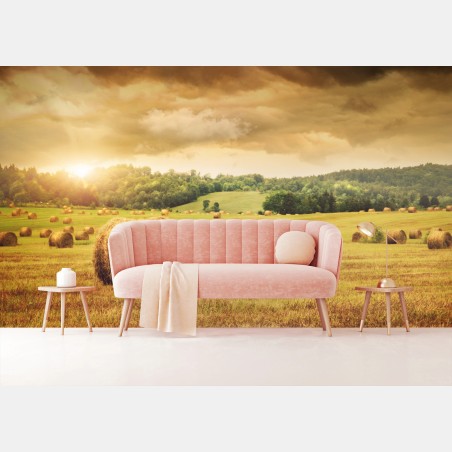 Fotomural atardecer dorado sobre el campo de pacas de heno – Pixers®