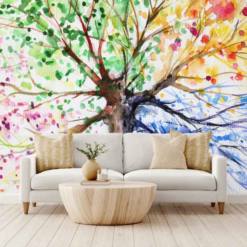 Fotomural árbol de las cuatro estaciones en acuarela