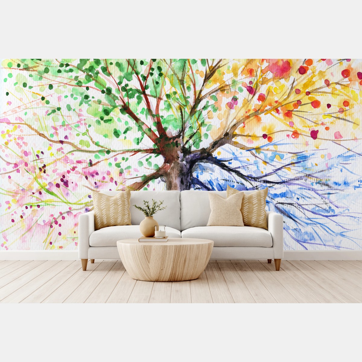 Fotomural árbol de las cuatro estaciones en acuarela – Pixers®