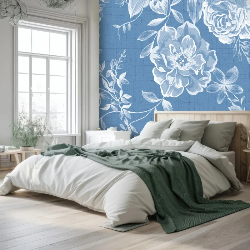 Fotomural estampado floral clásico en tonos azules