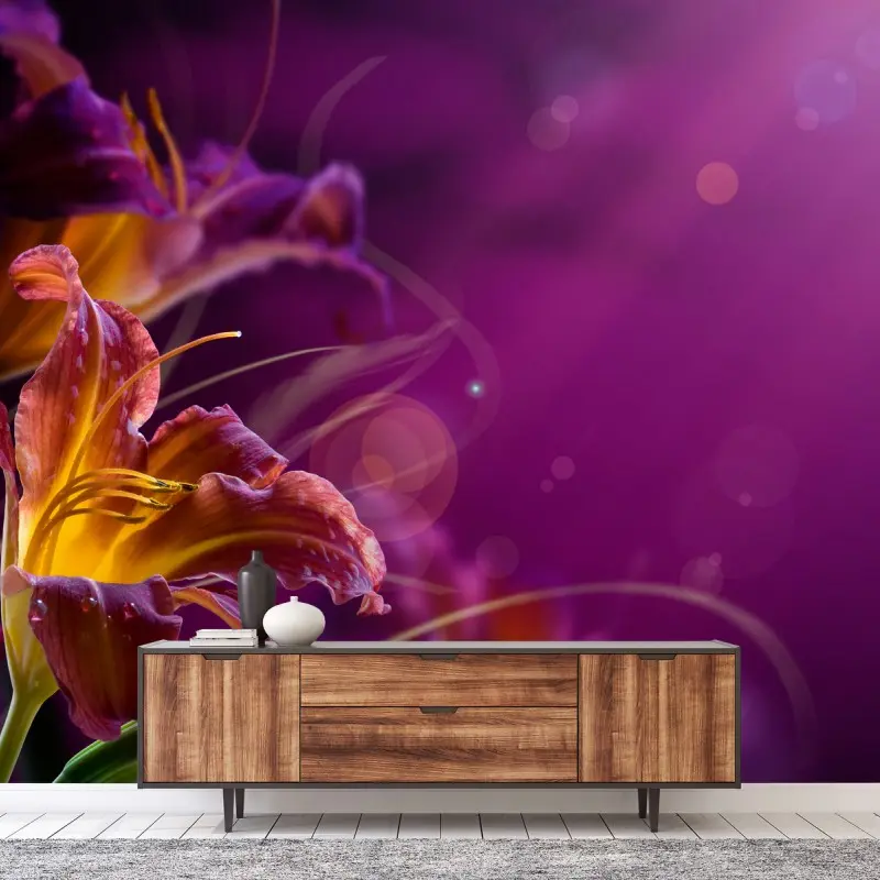Fotomural lirios anaranjados sobre fondo morado