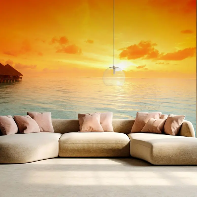 Fotomural atardecer tropical en bungalows sobre el agua
