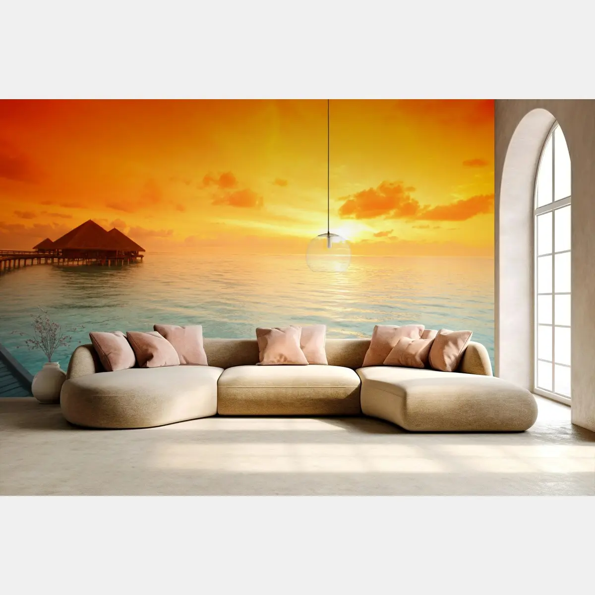 Fotomural atardecer tropical en bungalows sobre el agua – Pixers®