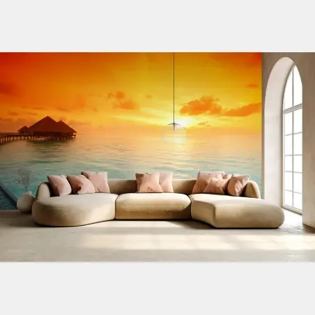 Fotomural atardecer tropical en bungalows sobre el agua – Pixers®