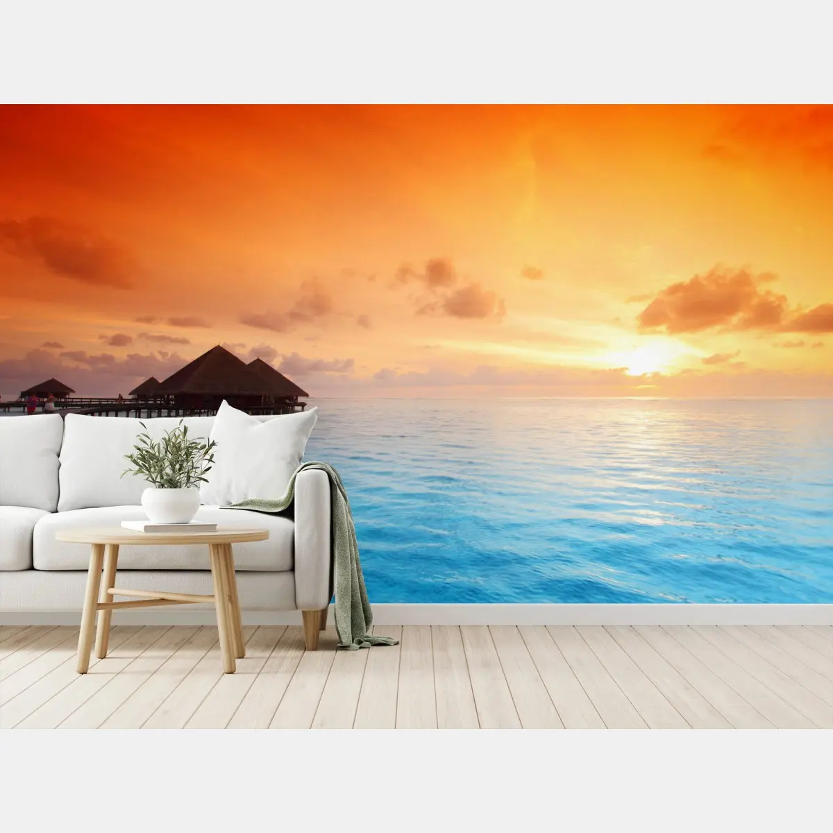 Fotomural puesta de sol tropical en bungalows sobre el agua – Pixers®