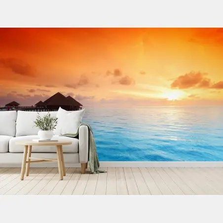 Fotomural puesta de sol tropical en bungalows sobre el agua – Pixers®