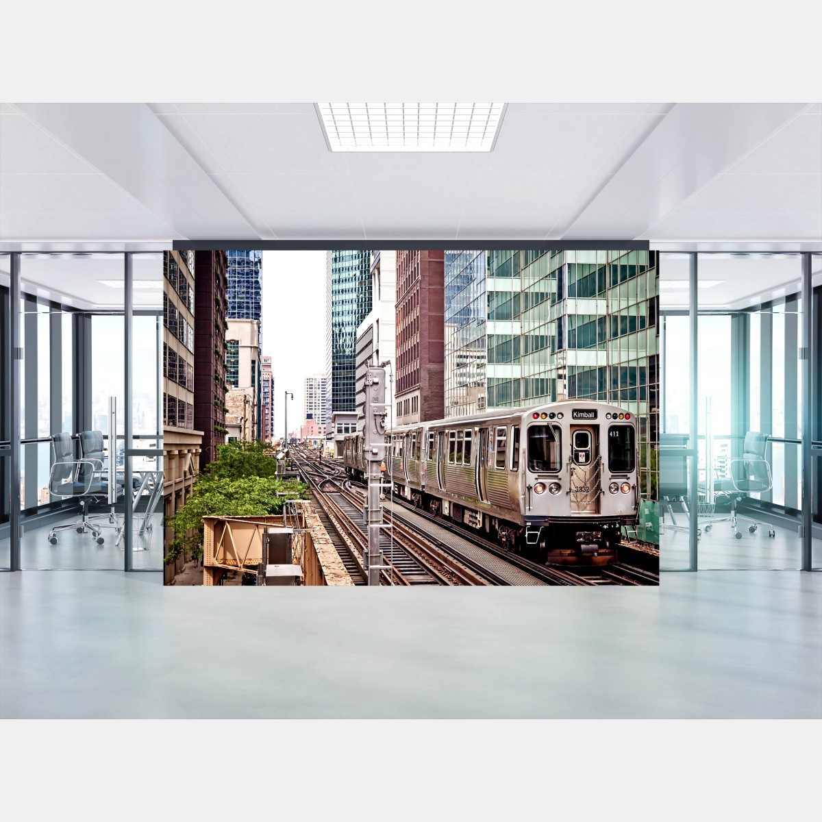 Fotomural tren elevado entre rascacielos – Pixers®