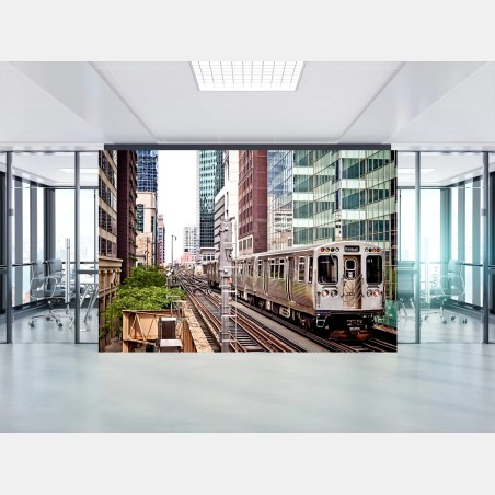 Fotomural tren elevado entre rascacielos – Pixers®