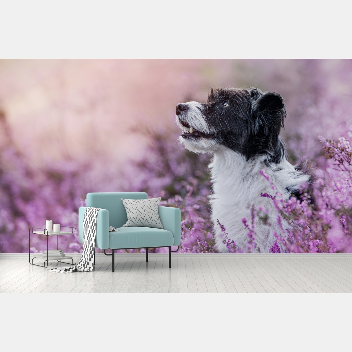 Fotomural perro entre flores moradas – Pixers®