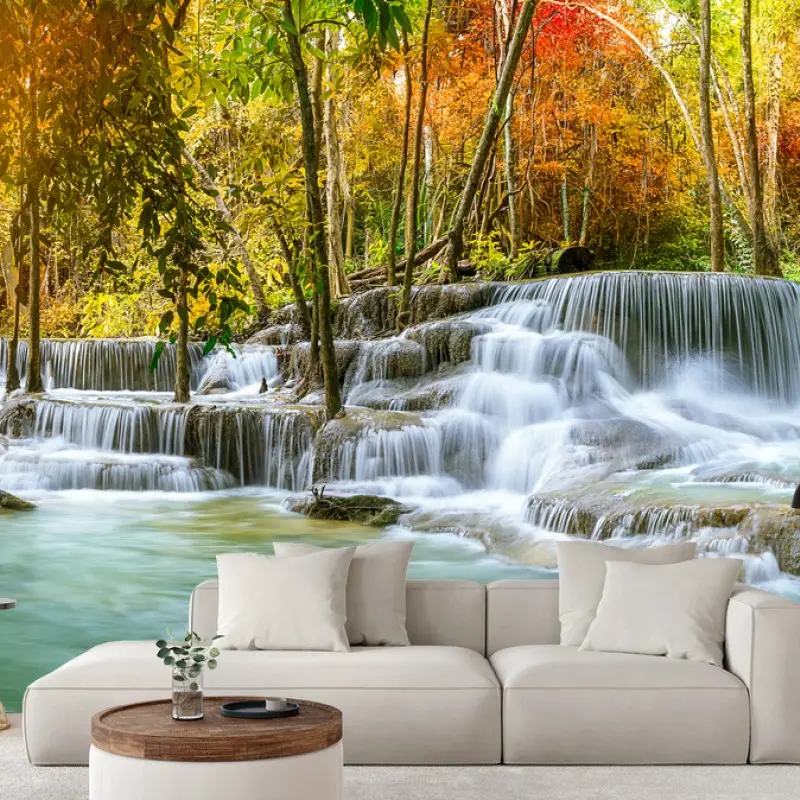 Fotomural cascada majestuosa en bosque otoñal