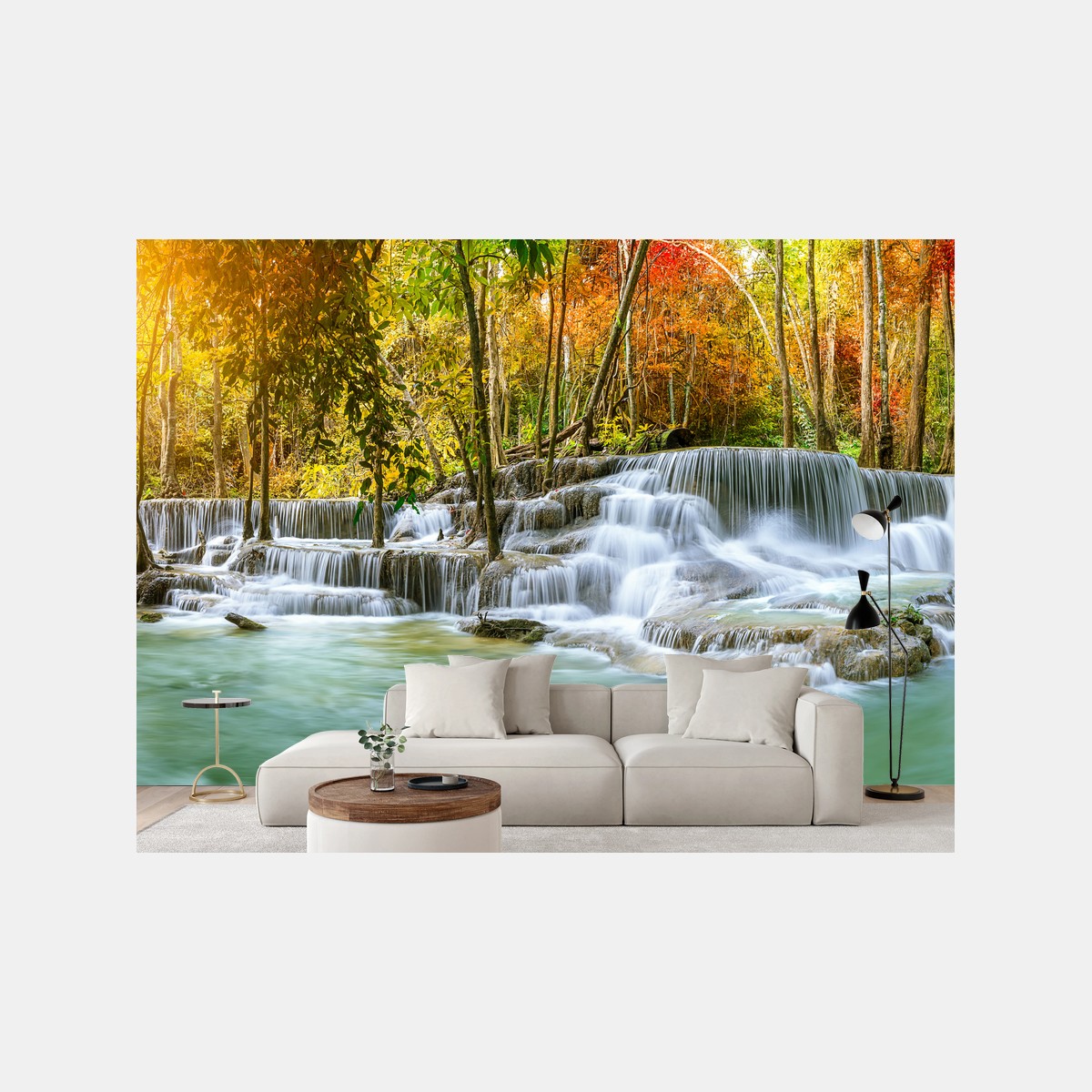 Fotomural cascada majestuosa en bosque otoñal – Pixers®