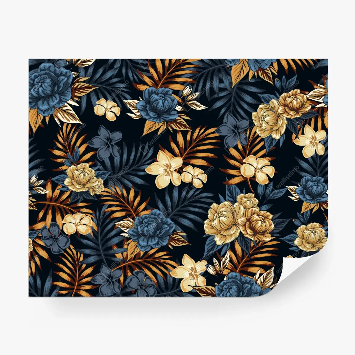 Fotomural patrón floral azul y dorado sobre fondo oscuro – Pixers®