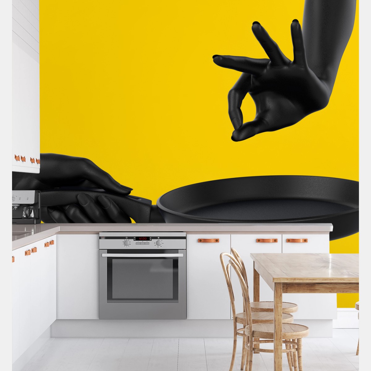 Fotomural manos y sartén sobre fondo amarillo – Pixers®