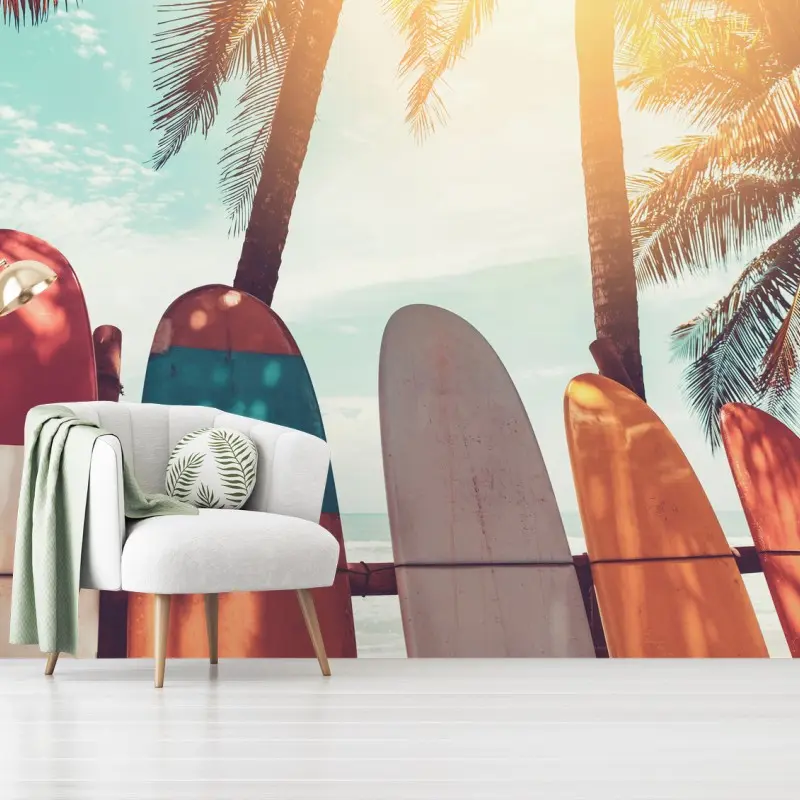 Fotomural atardecer tropical con tablas de surf