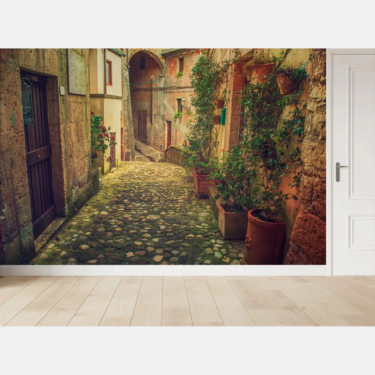 Fotomural calle empedrada entre casas antiguas y macetas – Pixers®