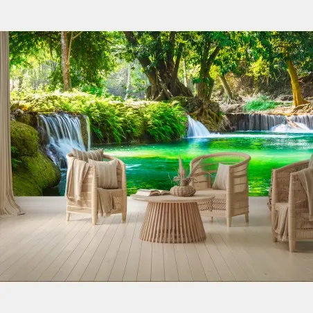 Fotomural cascada esmeralda en la selva de Saraburi – Pixers®