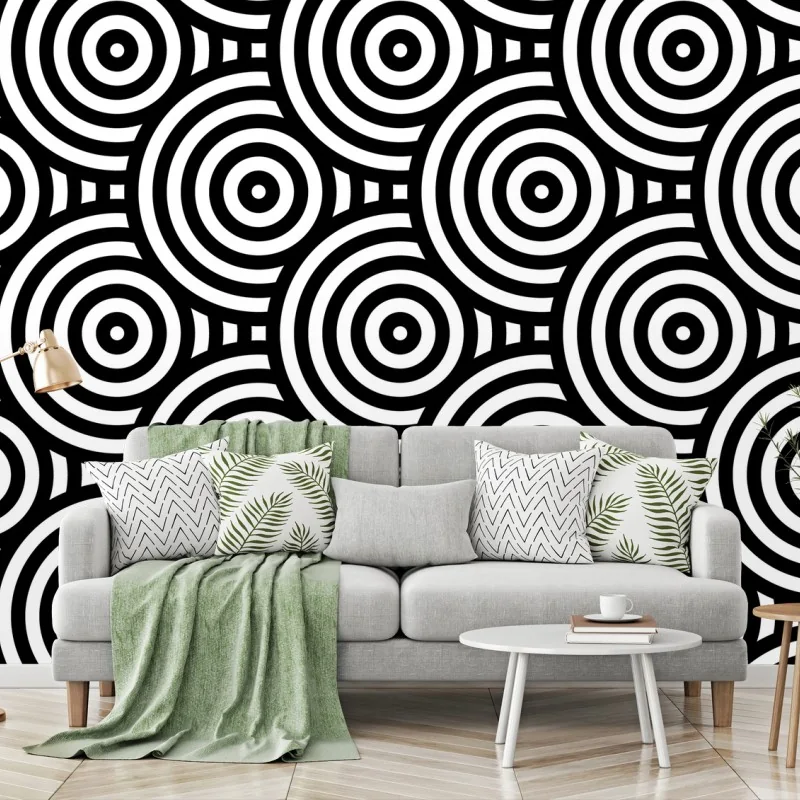 Fotomural patrón óptico de círculos concéntricos en blanco y negro