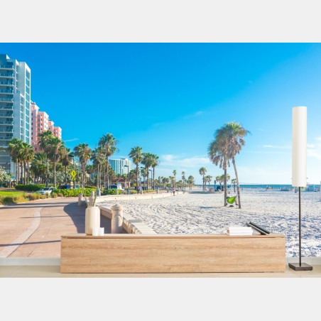 Fotomural paseo costero bajo el sol con palmeras – Pixers®