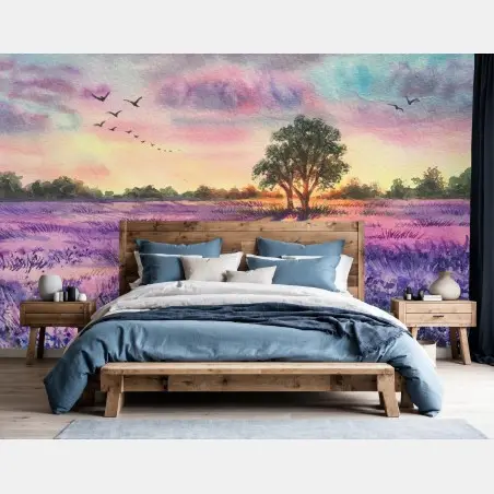 Fotomural puesta de sol sobre campo de lavanda – Pixers®