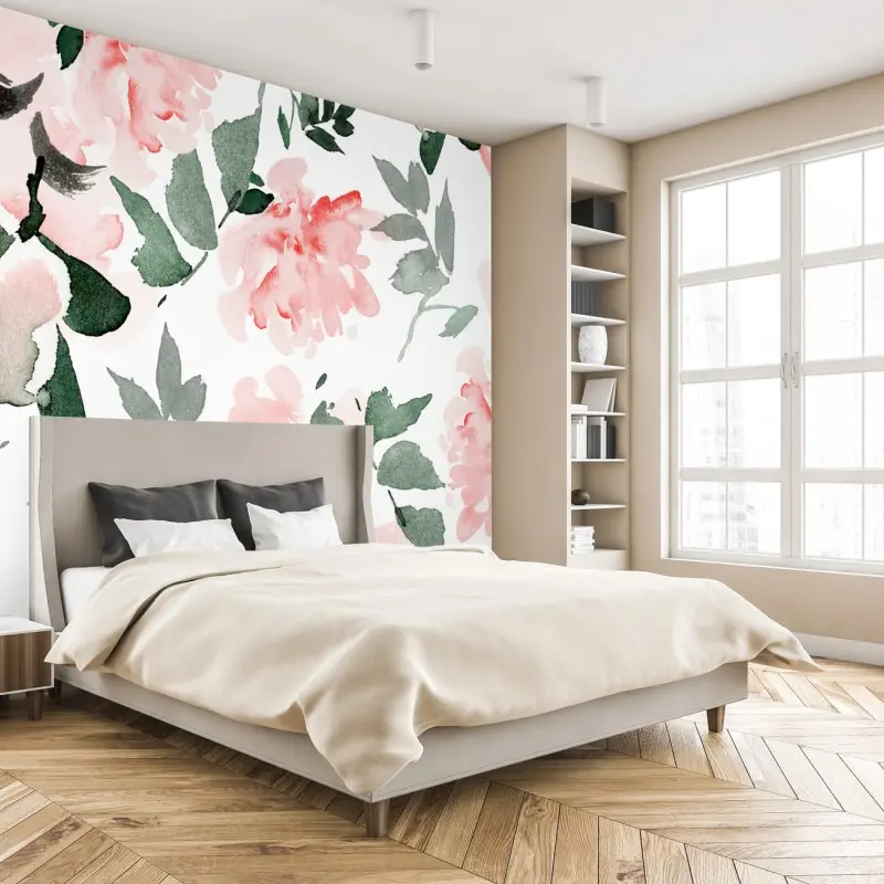 Fotomural estampado floral acuarela en tonos rosa y verde