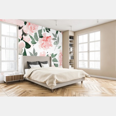 Fotomural estampado floral acuarela en tonos rosa y verde – Pixers®