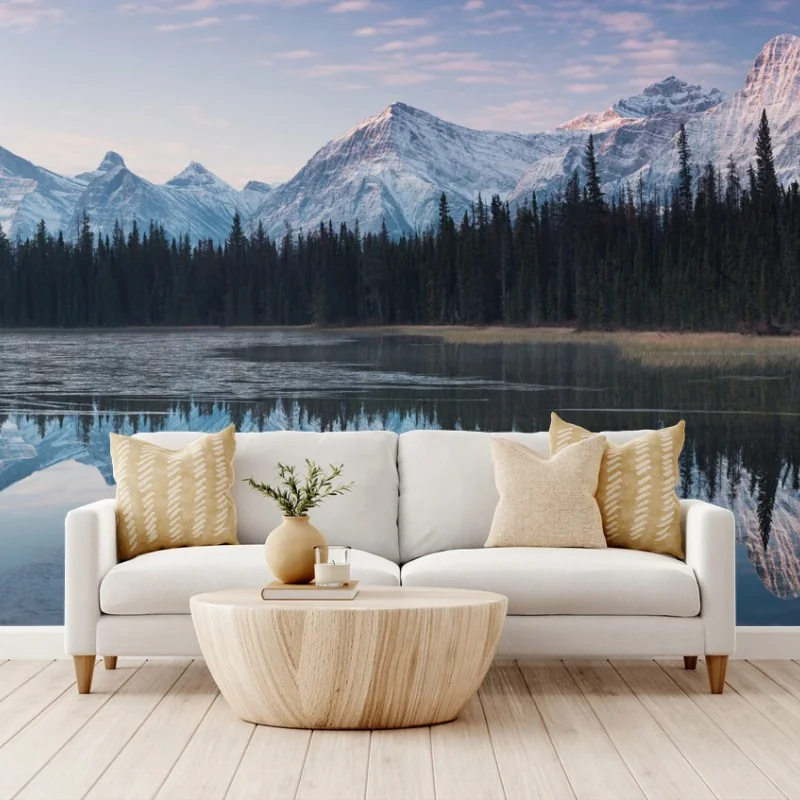 Fotomural paisaje montañoso al amanecer con reflejo en lago – Pixers®