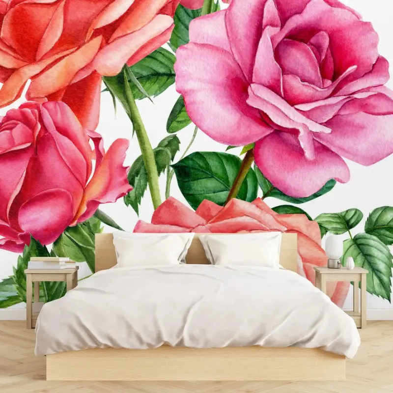 Fotomural ramo de rosas en acuarela sobre fondo blanco