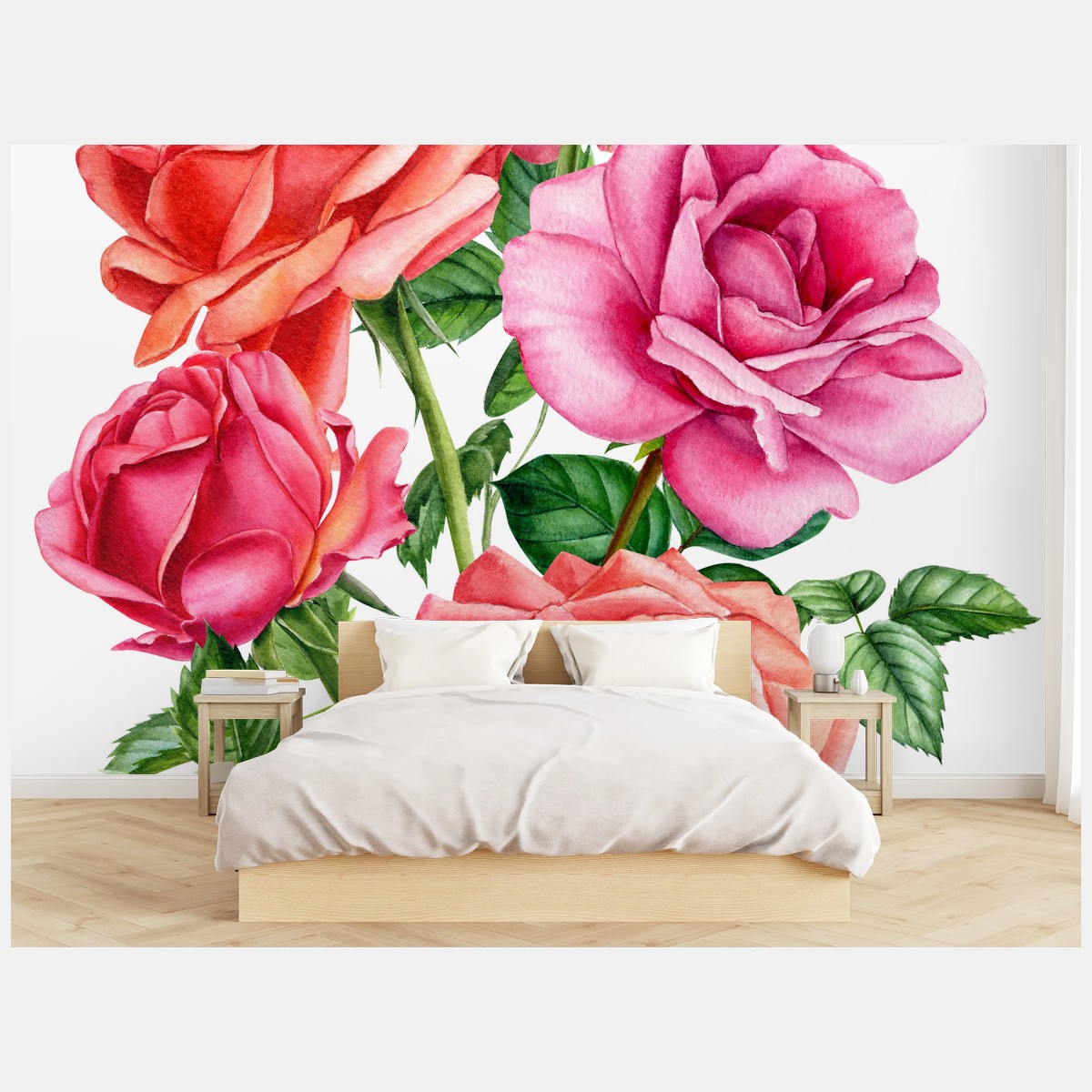 Fotomural ramo de rosas en acuarela sobre fondo blanco – Pixers®