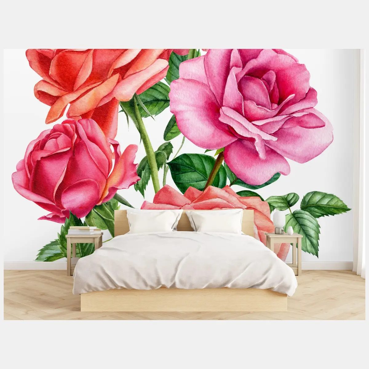 Fotomural ramo de rosas en acuarela sobre fondo blanco – Pixers®