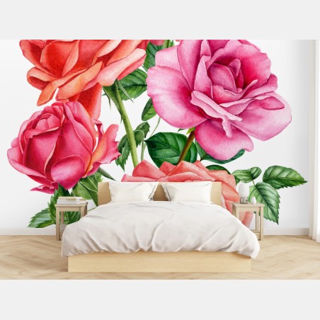Fotomural ramo de rosas en acuarela sobre fondo blanco – Pixers®