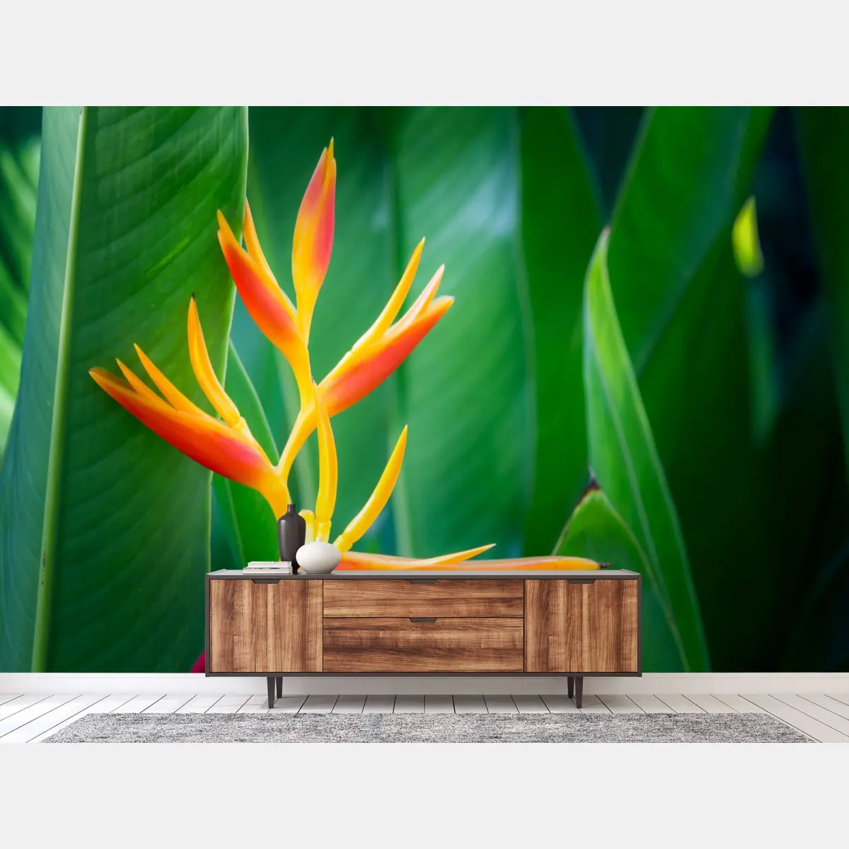 Fotomural explosión tropical: heliconia naranja sobre hojas verdes – Pixers®