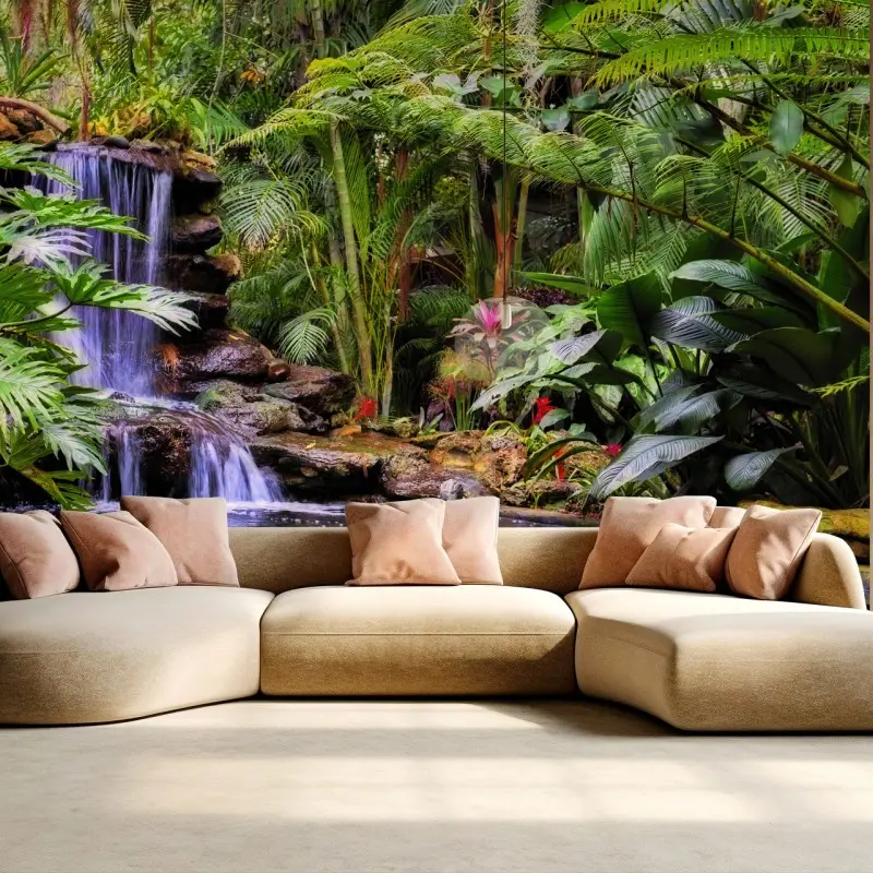 Fotomural paisaje zen de jardín tropical con cascada