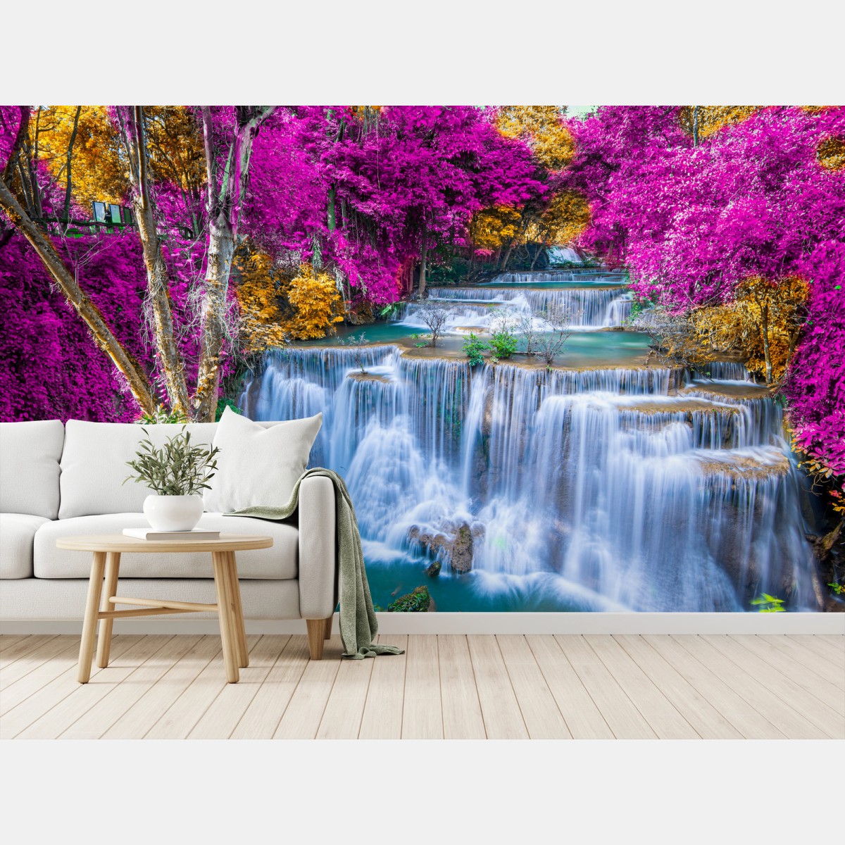 Fotomural cascada de ensueño entre bosques violetas – Pixers®