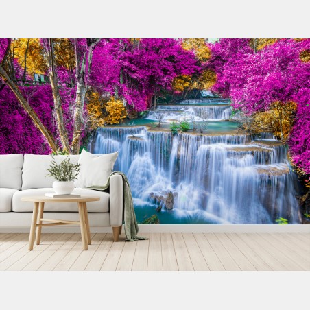 Fotomural cascada de ensueño entre bosques violetas – Pixers®