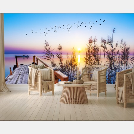 Fotomural puesta de sol en el muelle con reflejos – Pixers®