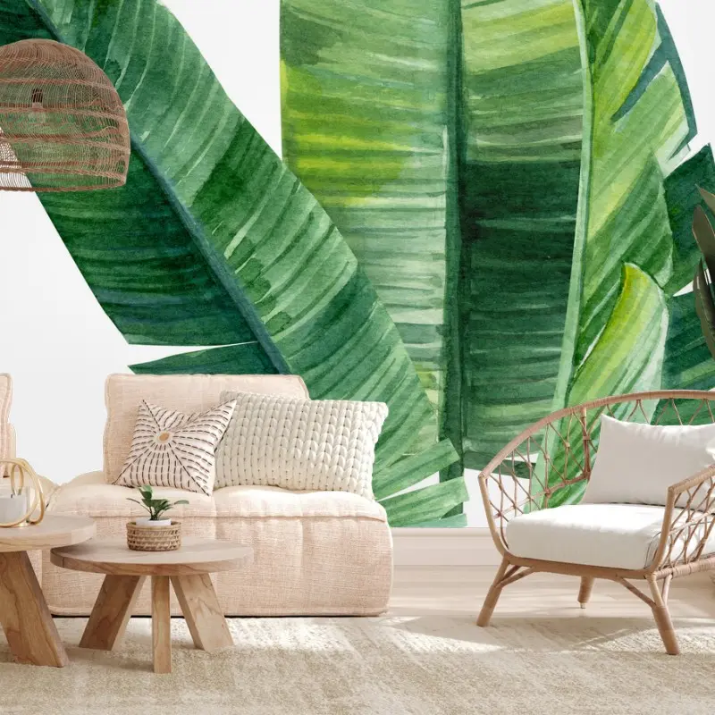 Fotomural hojas de banano en acuarela para decoración tropical