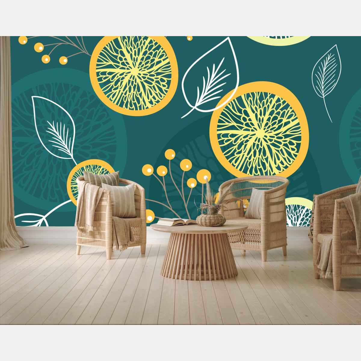Fotomural patrón botánico geométrico en tonos verde azulado y amarillo – Pixers®