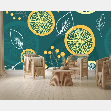 Fotomural patrón botánico geométrico en tonos verde azulado y amarillo – Pixers®