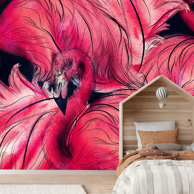 Fotomural estampado acuarela de flamencos en tonos rosa