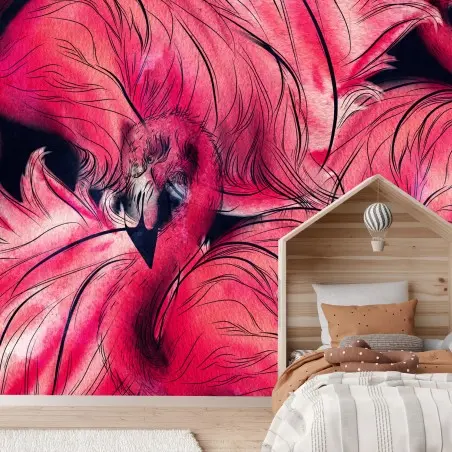 Fotomural estampado acuarela de flamencos en tonos rosa
