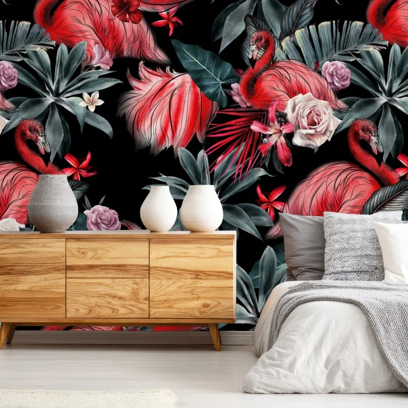 Fotomural patrón tropical de flamencos y flores en acuarela